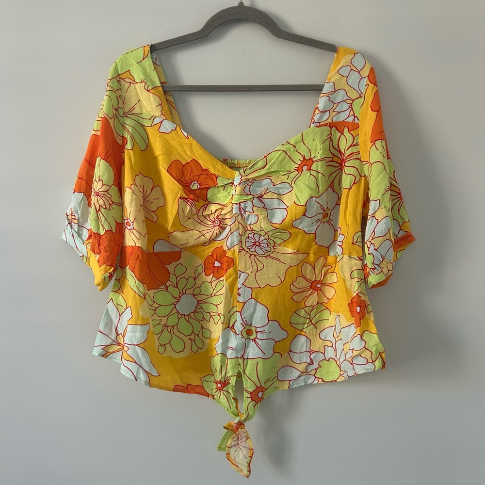 ModCloth Seaside Cottage Getaway Tie Up Top Honolulu Floral Orange NWOT 1X